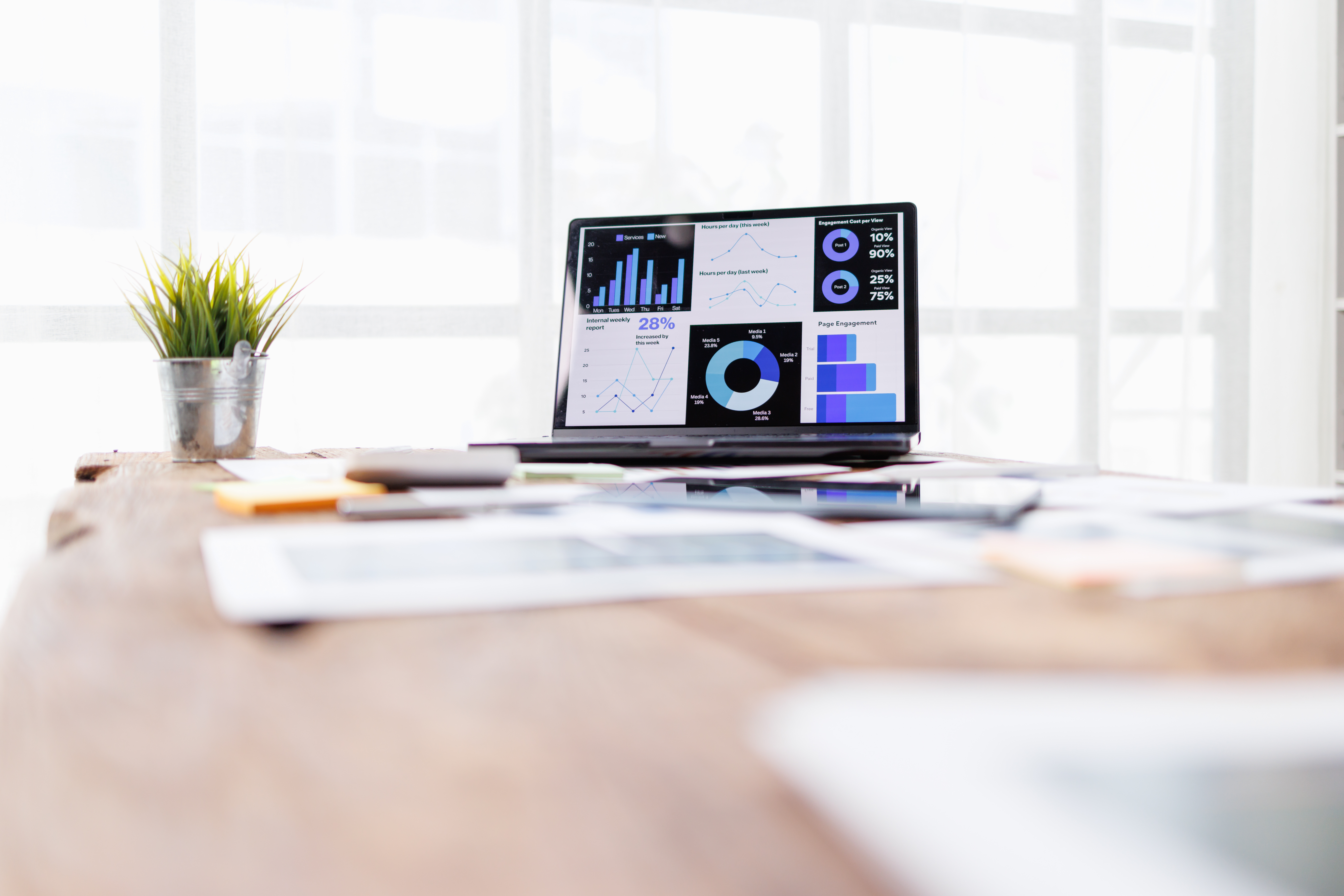 Laptop displaying a business analytics dashboard with charts and graphs